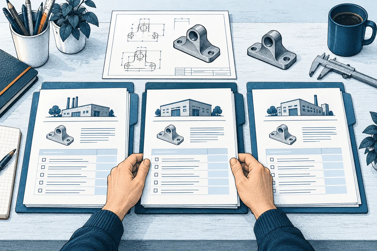 Three supplier quotation folders sit under one identical technical specification and sample part, an inventor aligns the corresponding scope pages for an apples-to-apples comparison.