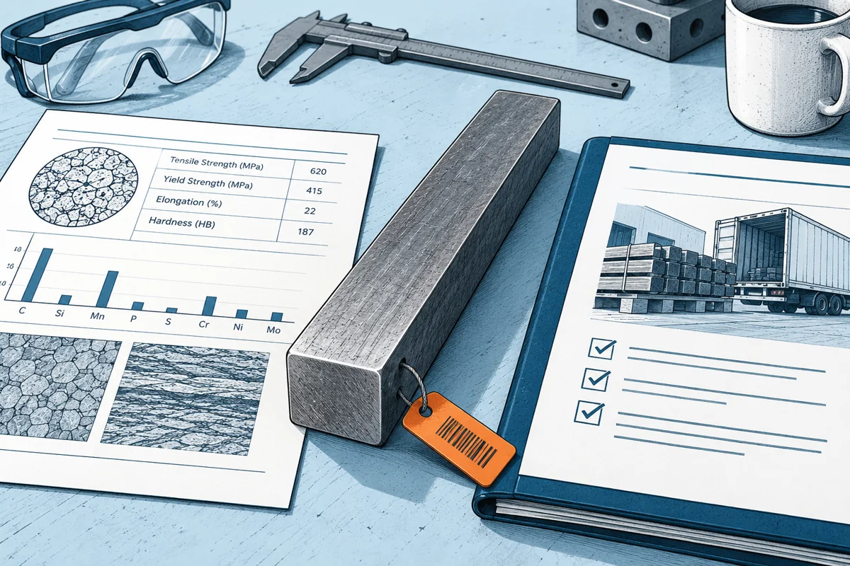 A metal bar with a small traceability tag lies between a laboratory material-test sheet and a separate supplier delivery-conformance folder, visually distinct documents without official seals.