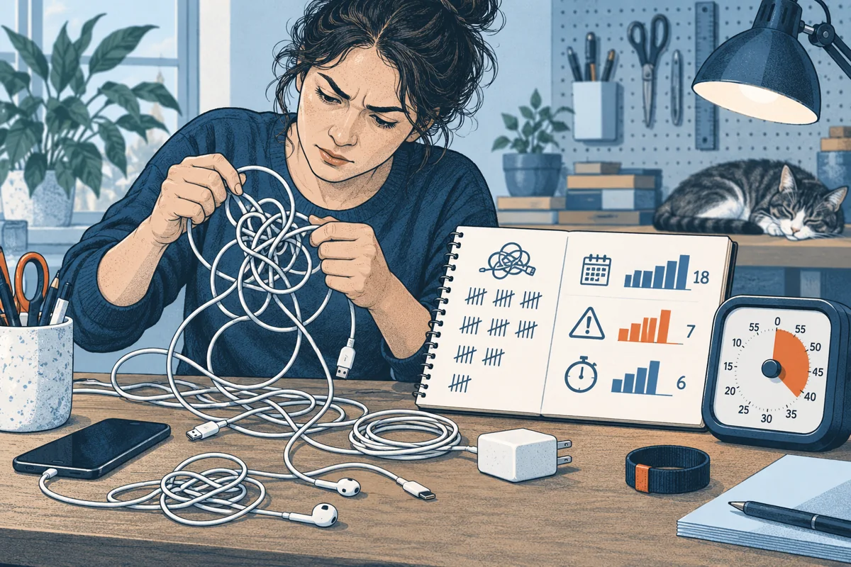A person repeatedly untangles a snagged everyday cable at a workbench, with a notebook tracking repeated interruptions and a timer showing the burden of the recurring problem.