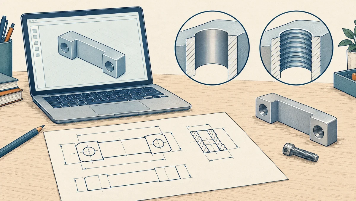 A bracket on a CAD screen beside enlarged smooth and threaded bores, a drawing and a screw.
