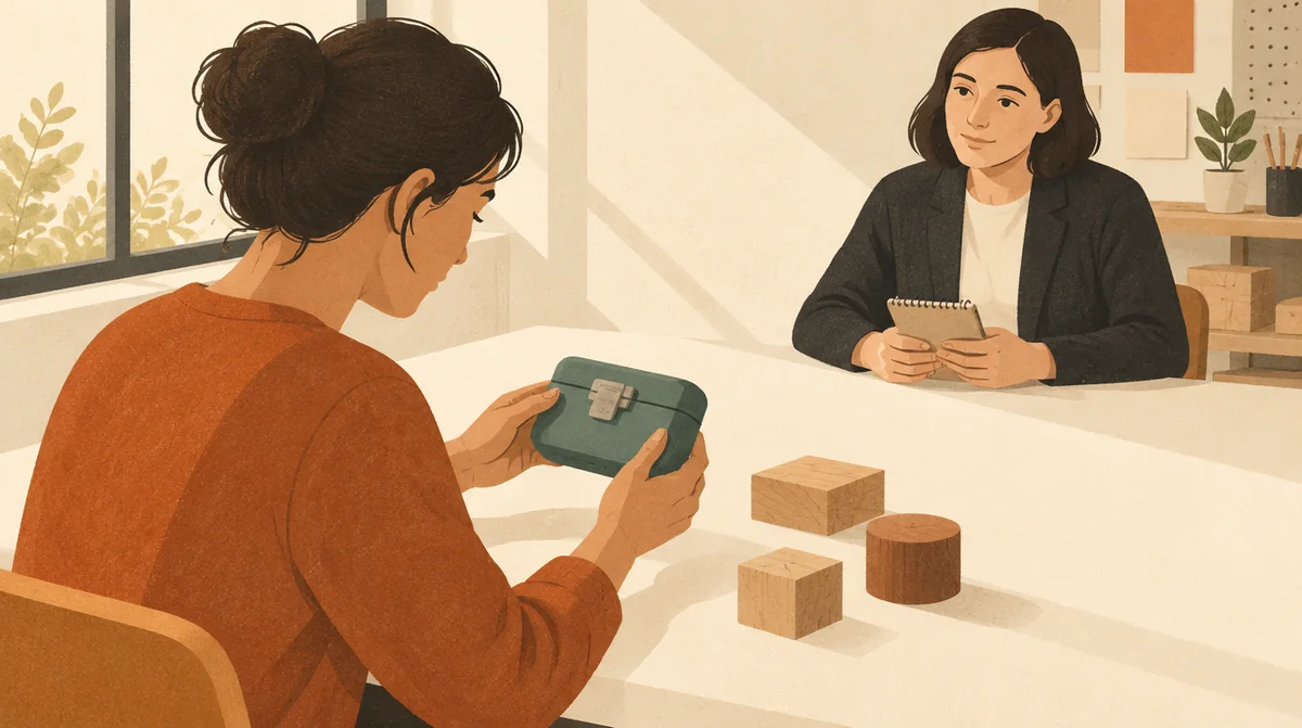 Illustration of a participant examining a small prototype case while a researcher observes without pointing or touching it.