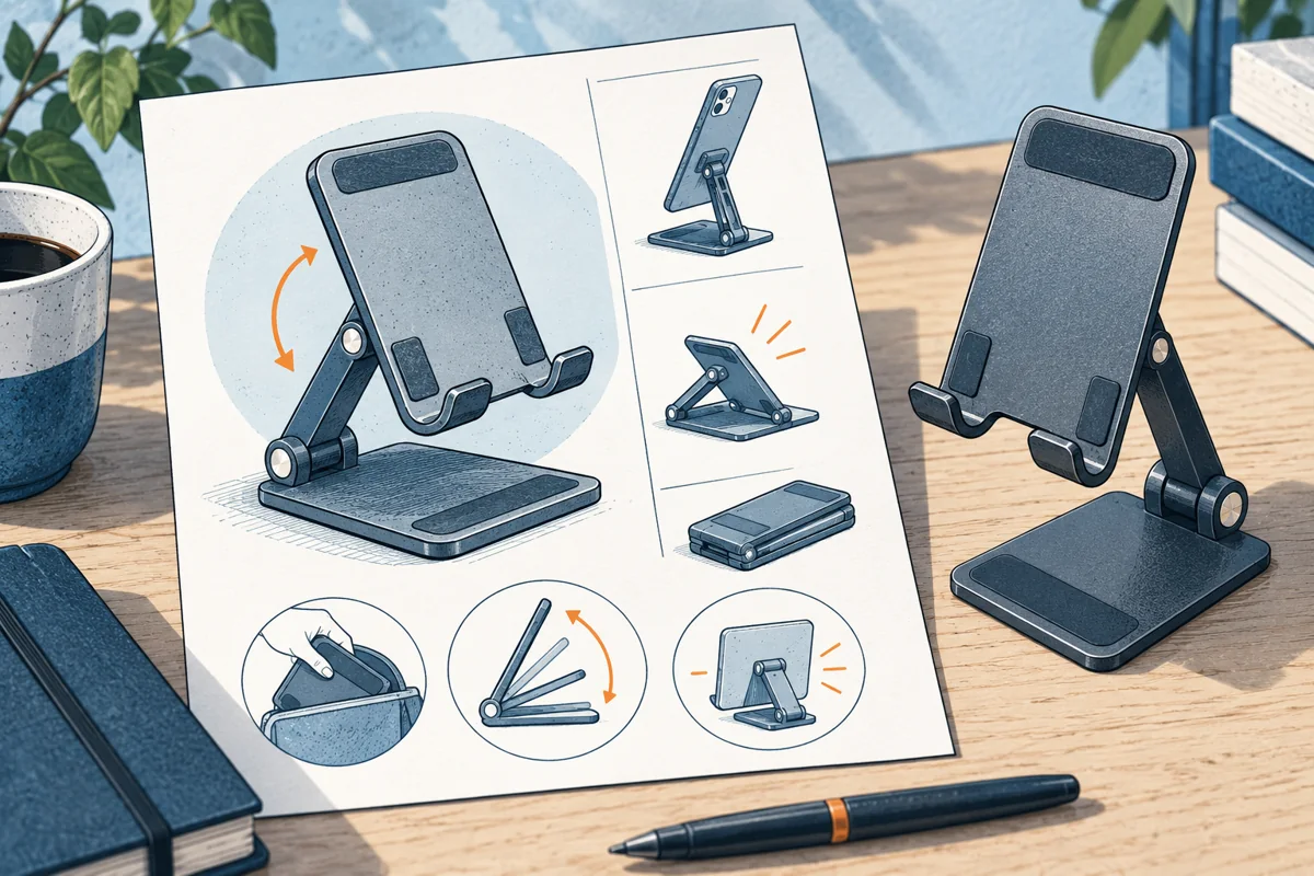 A single well-composed product presentation sheet lies next to the actual compact folding stand, with one large product drawing and small unlabeled benefit sketches, no readable sales copy.