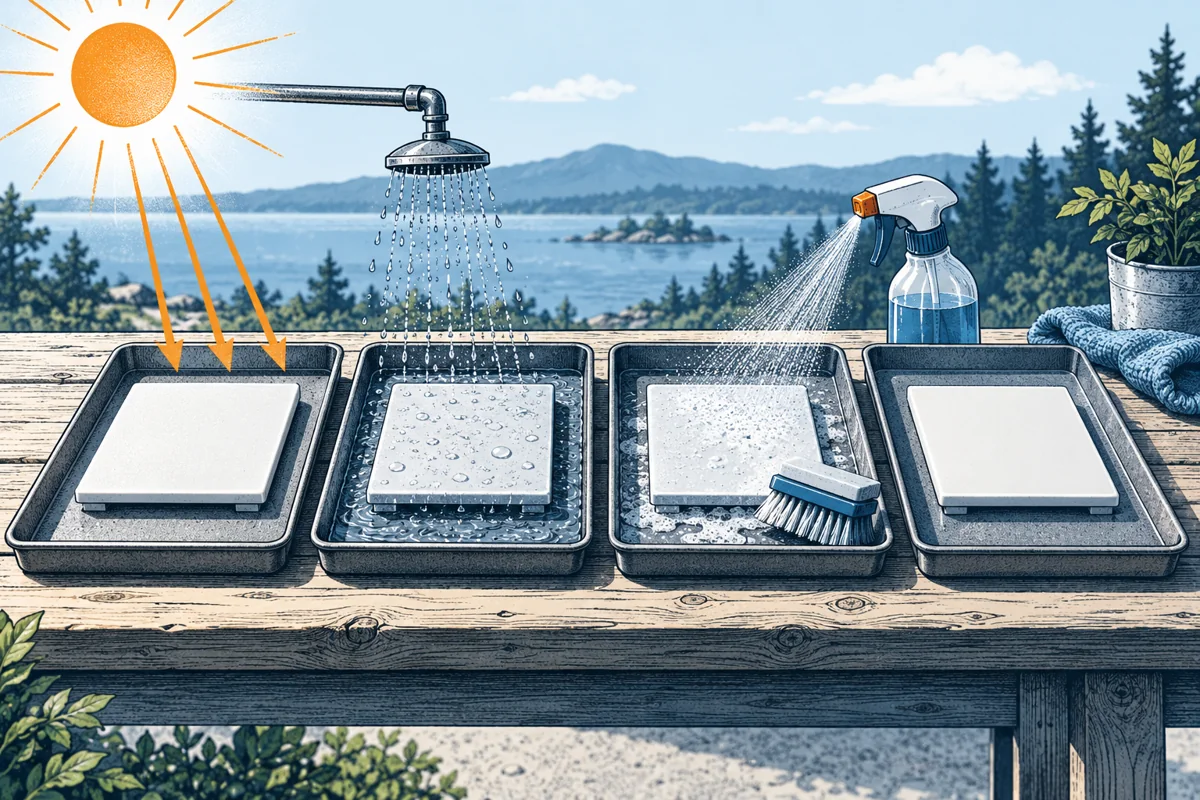 Three identical plastic samples experience sunlight, water droplets and a controlled cleaning-fluid test in separate outdoor testing trays, with one untouched reference sample.