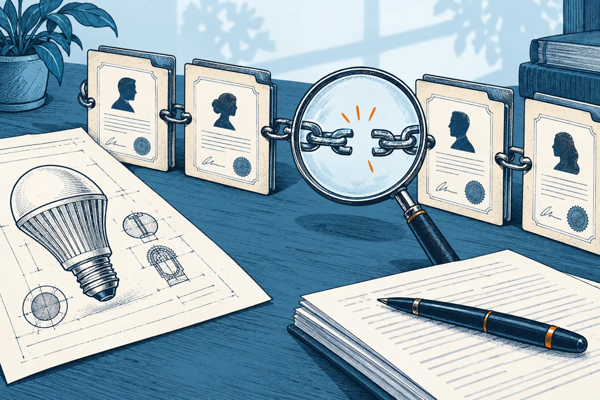 An organized chain of document folders and transfer receipts is connected to one invention drawing, a magnifying glass checks a gap between two ownership records.