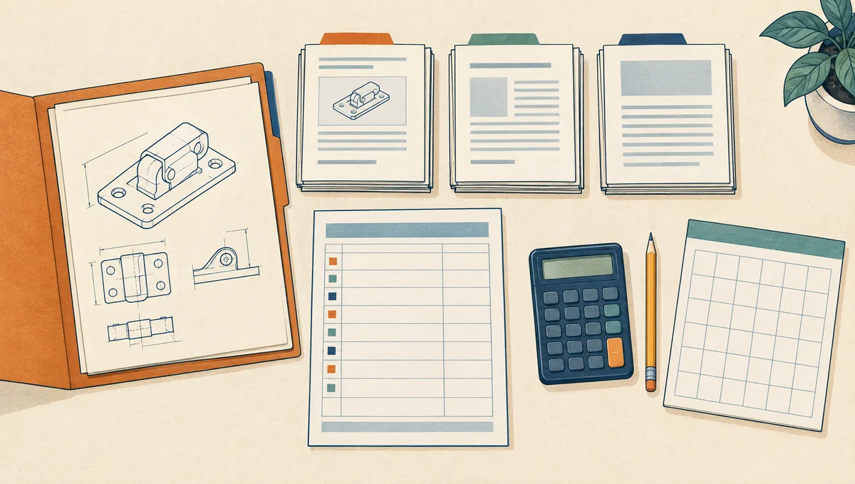Conceptual illustration of patent documents, a technical drawing, a calculator and a blank budget worksheet arranged for review.
