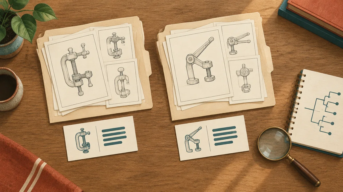 Conceptual illustration of related mechanical drawings grouped into two folders with separate summary cards and a branching notebook diagram.