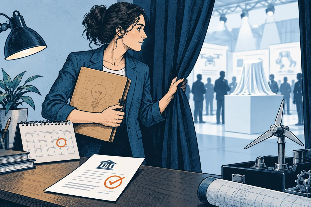 An inventor holds a closed invention folder just before an exhibition curtain opens, while a filing receipt and calendar on a desk indicate the importance of timing.