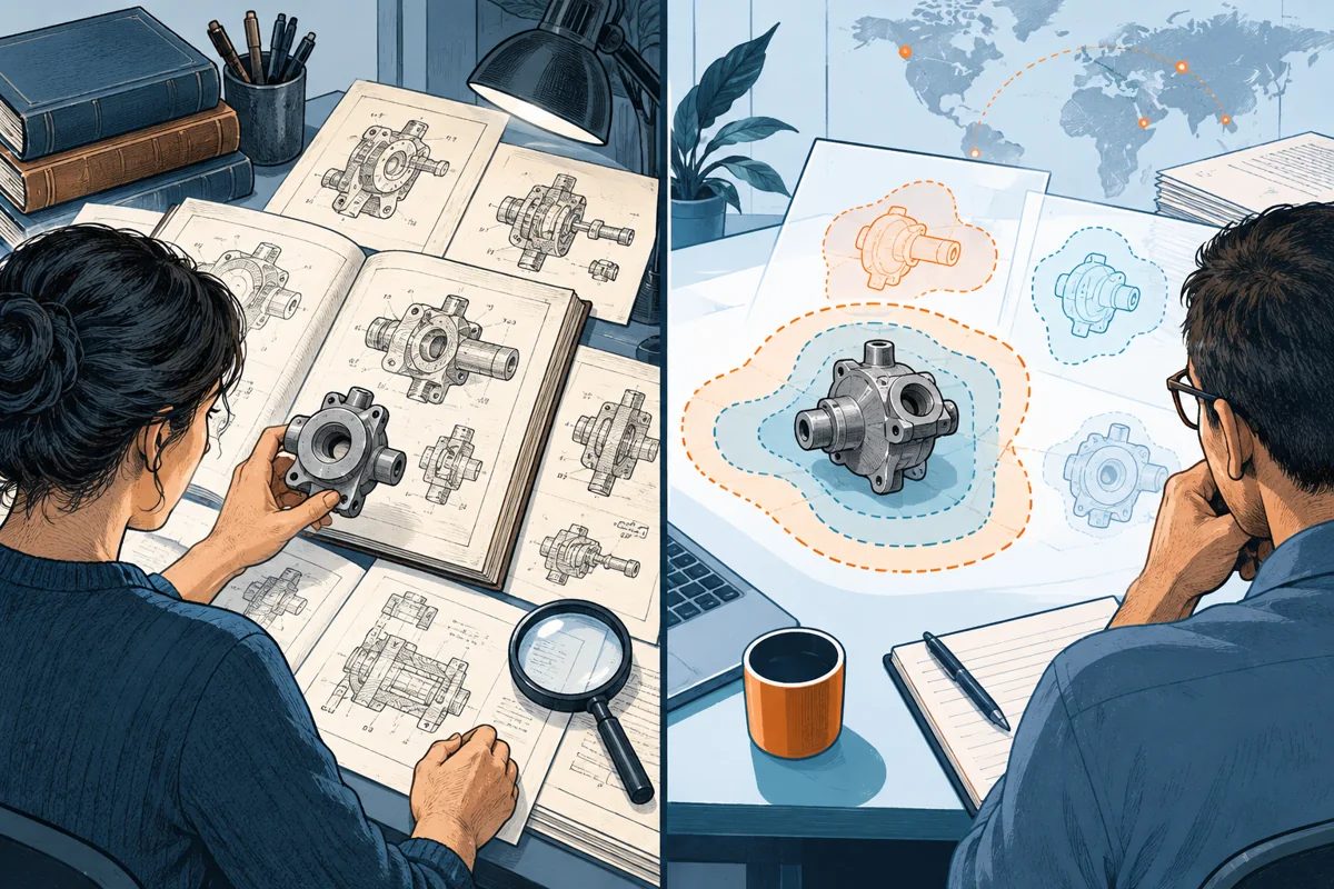 Two different research desks examine the same mechanical part: one compares old invention drawings, the other studies current boundary-like claim overlays around the planned product.