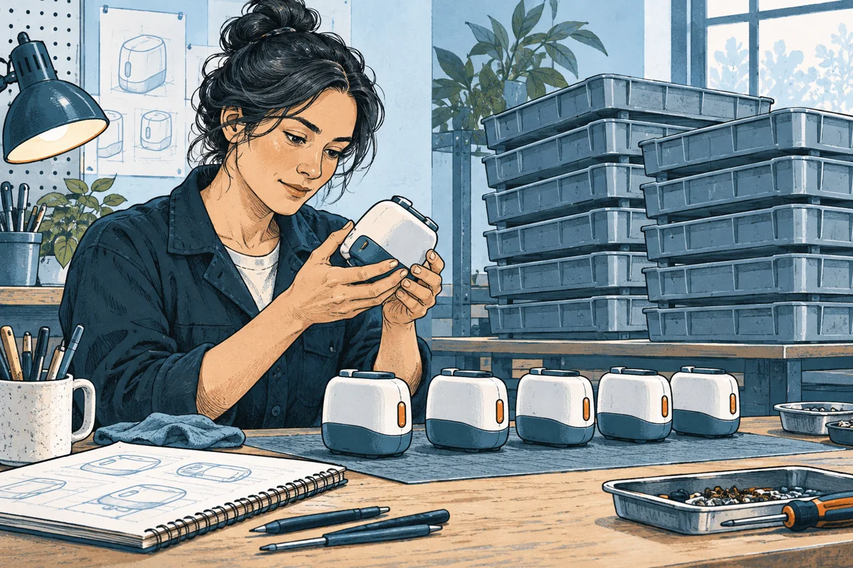 A small row of assembled devices is inspected on a workbench in the foreground while empty larger production trays remain stacked behind, emphasizing learning before scale.
