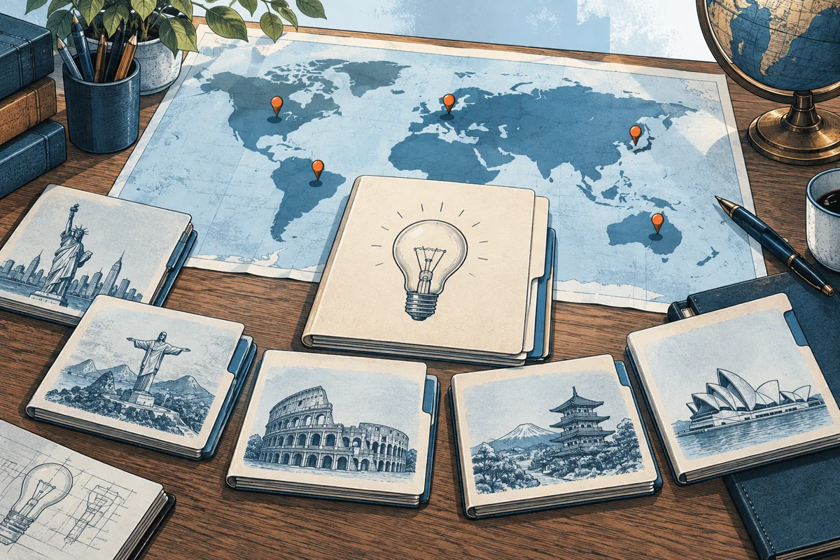 A world map on a desk with a few selected destination pins, one central invention folder and separate country folders, no flags, borders-as-rights guarantees or official stamps.