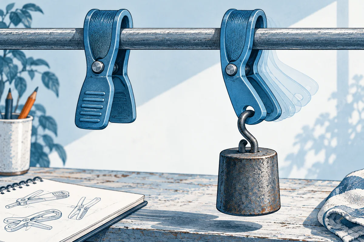 A plastic clip gripping a rod is shown beside a matching clip that has gradually opened under a sustained weight, subtle ghosted positions communicate time-dependent deformation.