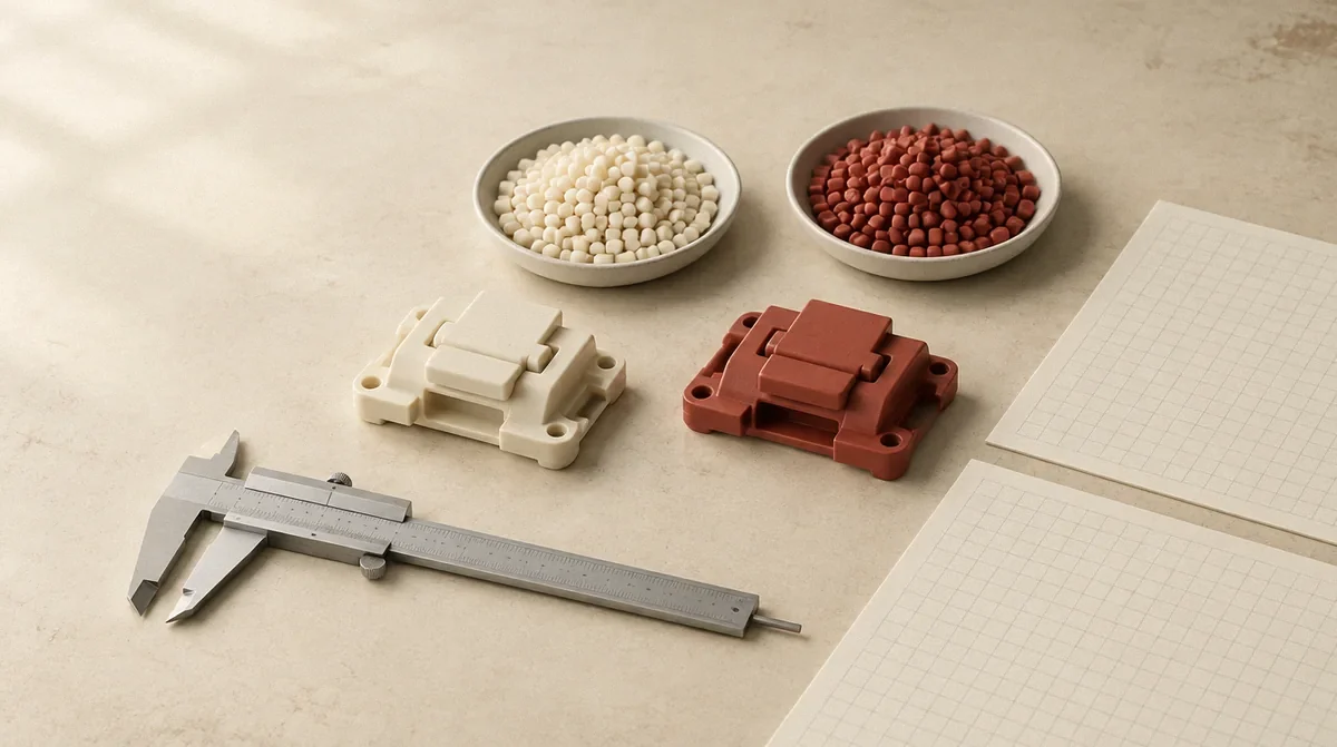 Two plastic latch housings with matching resin pellets, a caliper and comparison sheets.