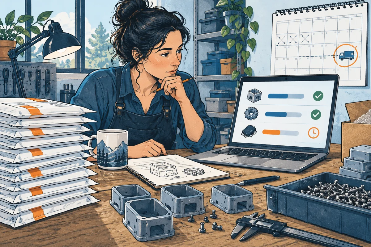 A stack of prepaid order envelopes waits beside unfinished components and an uncertain delivery calendar, the maker checks supplier status before promising a shipping date.