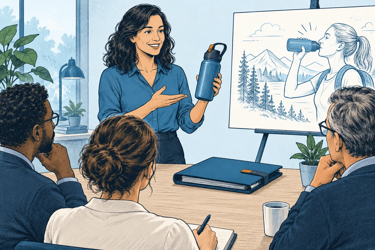An inventor presents the outside of a useful product and its user benefit while the detailed internal mechanism drawing stays inside a closed folder, a small attentive audience.