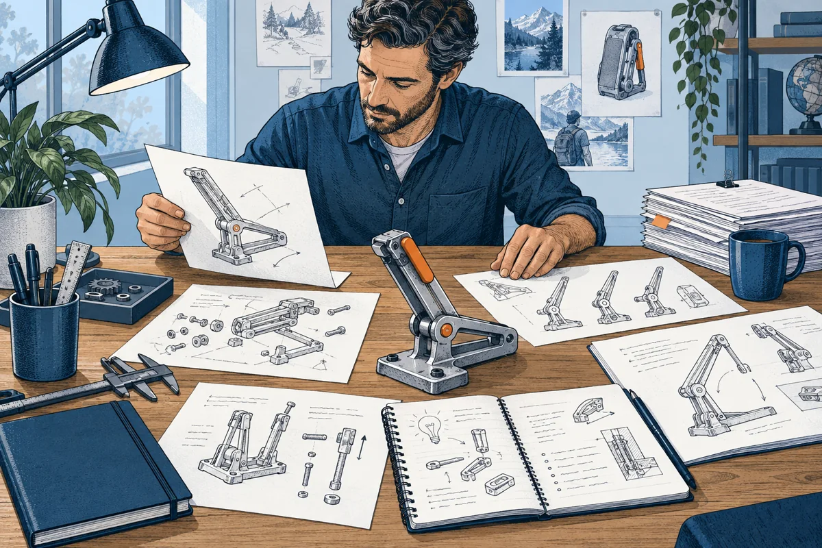 An inventor arranges several detailed views of a mechanism, alternative configurations and explanatory notebook pages around the physical prototype, a substantial disclosure packet rather than a single sketch.