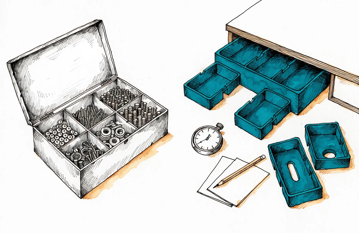 An open parts box beside a modular teal drawer organizer, stopwatch and blank planning cards.