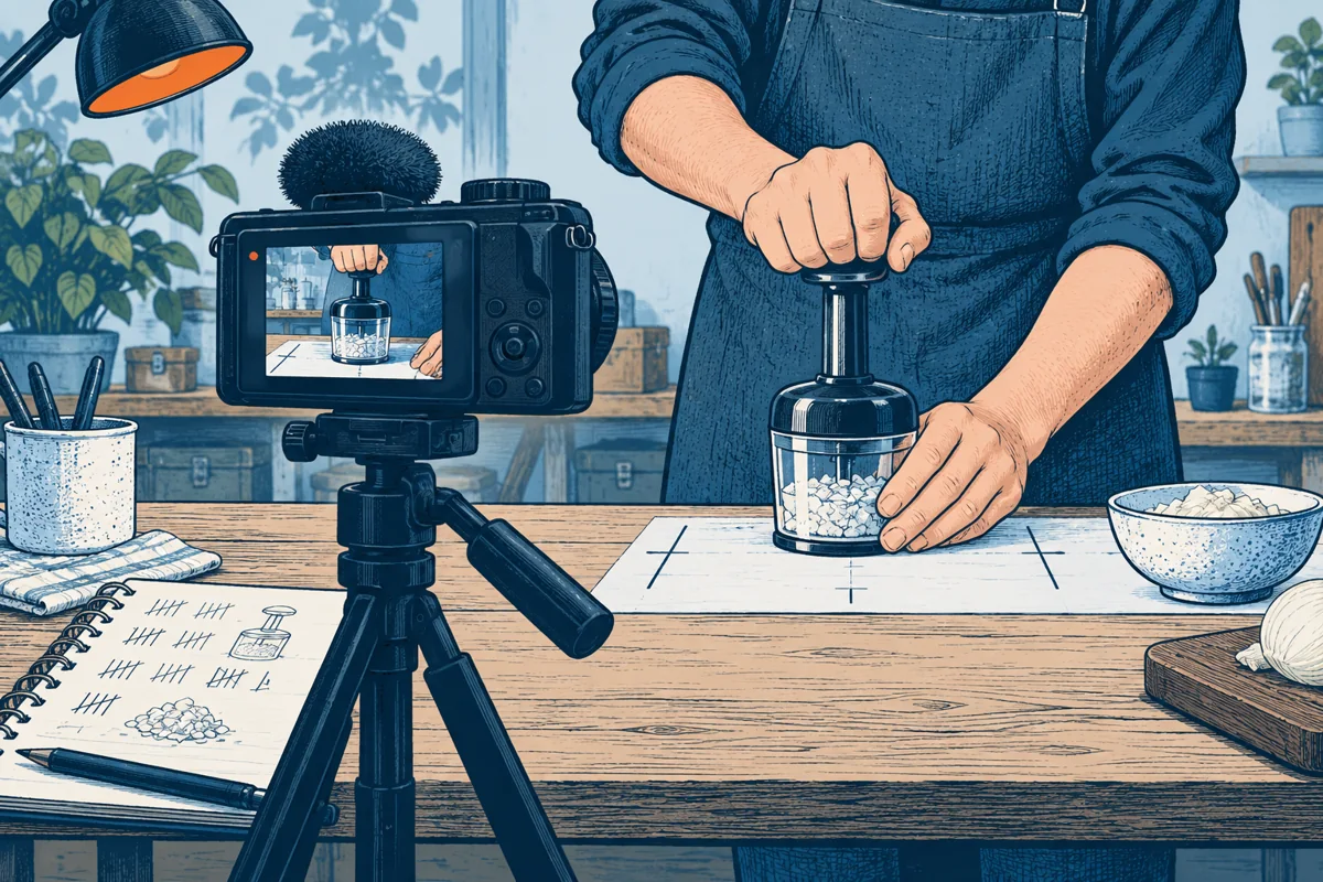 A small camera on a tripod records a real repeatable test of a hand-operated product on a marked tabletop, an unedited observation notebook sits beside the camera.