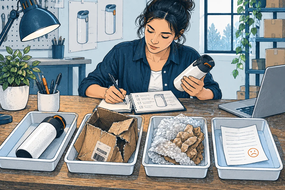 At a returns bench an opened shipping box, returned product, packaging damage and a customer note are separated into evidence trays while an inventor records the cause.