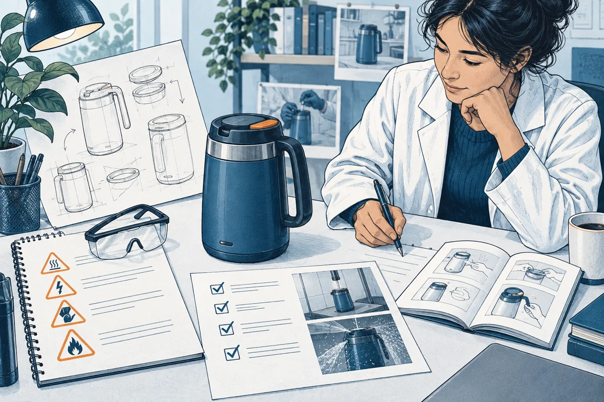 A finished consumer product is surrounded by its intended-use sketch, hazard review notes, test evidence and instructions, a safety specialist traces the connections at a clean desk.