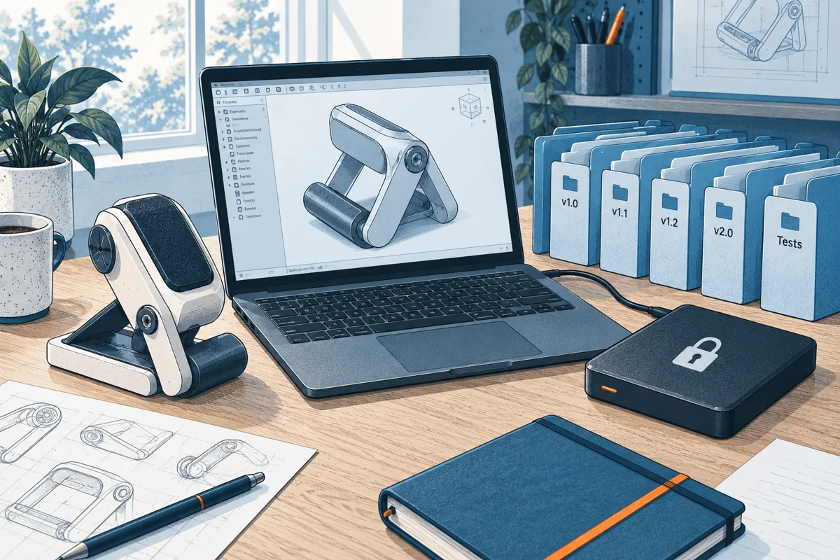 A laptop with a 3D model connects to a locked backup drive and neatly versioned test folders on a desk, a physical prototype anchors the scene, no hacking imagery.