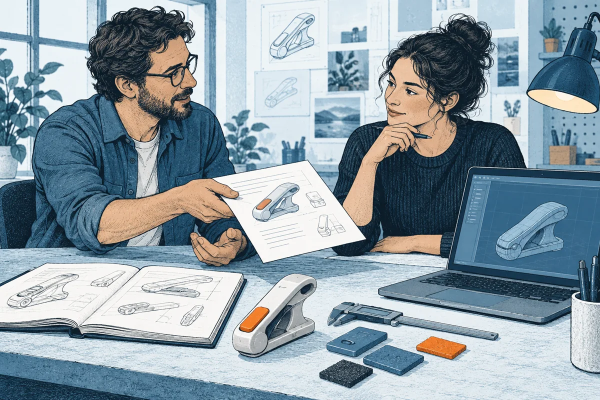 An inventor hands a designer a clear brief beside a rough sketch, sample object and small measurements, the designer listens before starting a CAD model.