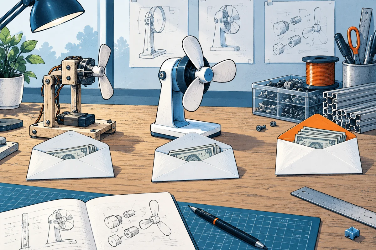 Two successive prototype versions on a workbench, each with a small expense envelope, and a third untouched reserve envelope kept beside spare materials.