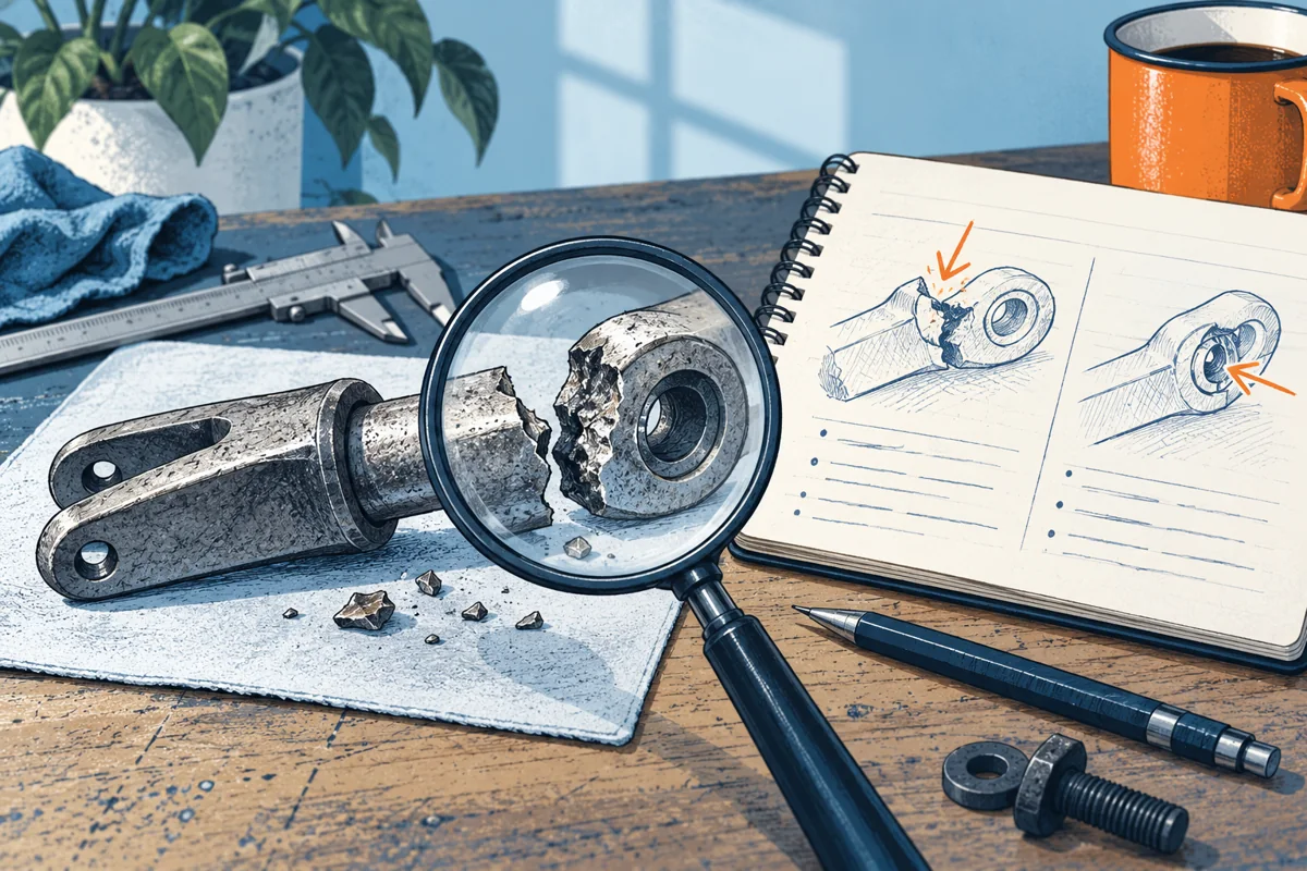 A broken mechanical joint is preserved on an evidence mat beside a notebook of observations and two possible cause sketches, a magnifying glass focuses on the fracture instead of a full redesign.