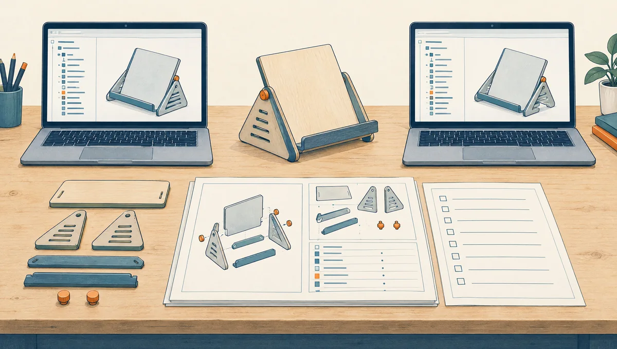 An adjustable book stand between two CAD screens, with component drawings and a handover checklist on the workbench.