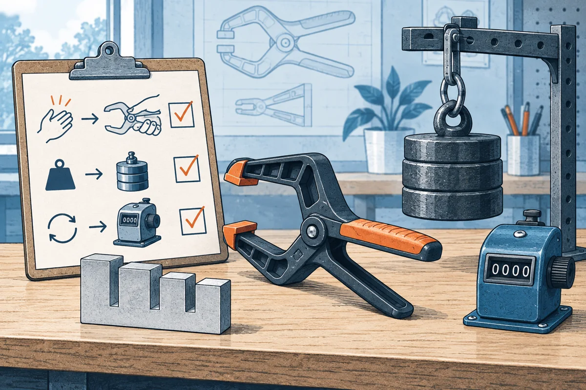 A simple clamp prototype is paired with three concrete test props: a size gauge, a load weight and a repeated-use counter, a checklist connects each requirement to evidence.