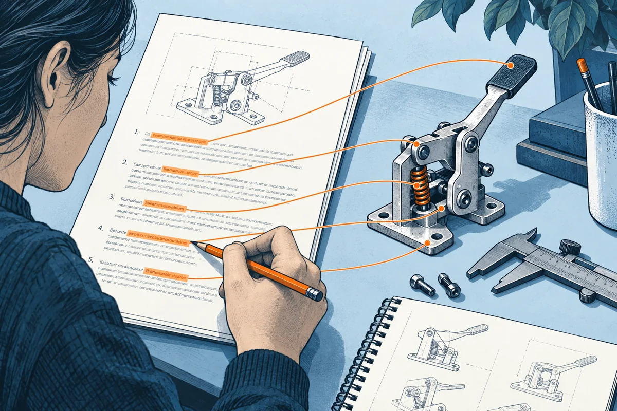 A reader uses a pencil to connect separate highlighted passages on a claim document to individual features of a small mechanism, detailed but unreadable document text.