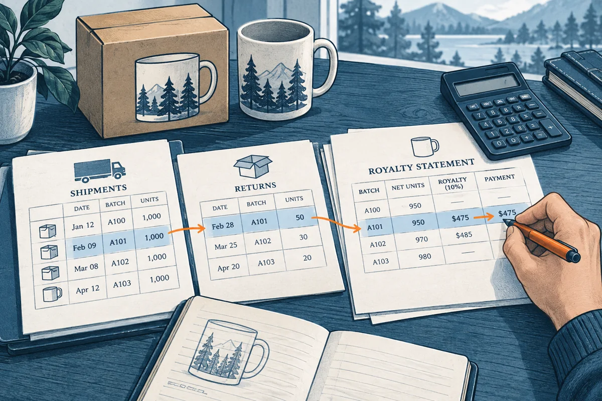 A royalty statement, shipment ledger and returns receipts are aligned next to a calculator, a hand traces one product batch from units sold to the payment received.