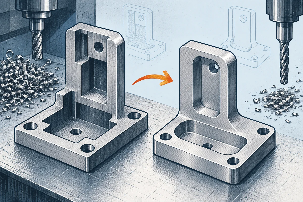 Two aluminum bracket designs side by side, one with unnecessarily deep pockets and sharp internal corners, the revised one simpler with accessible rounded pockets and a shorter toolpath.