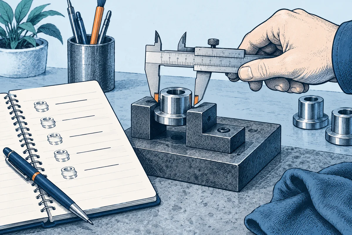 A caliper measures the same small machined part in a stable fixture, with the contact points clearly visible and a neat notebook recording repeated readings without exact numbers.