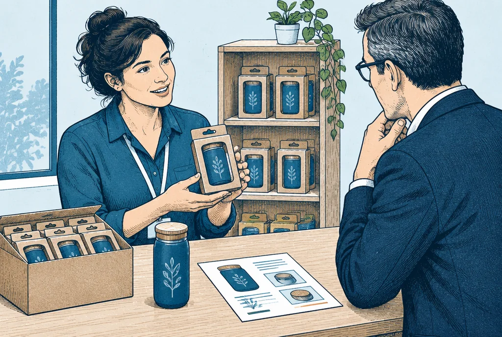 A maker shows a packaged product to a retail buyer at a small shelf display, case-pack carton and product information sheet present beside the physical sample.