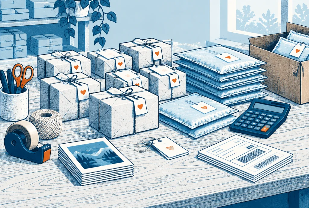 A successful-looking small campaign packing table reveals many individual reward parcels, postage supplies and a calculator, emphasizing fulfillment costs rather than a giant money pile.