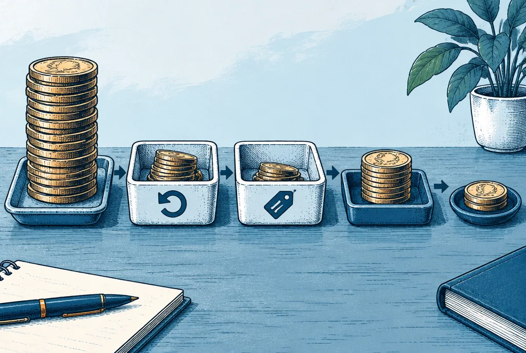 A gross-sales coin stack passes through separate modest return and discount trays before reaching a smaller net-sales base and royalty share, conceptual tabletop still life without percentages.