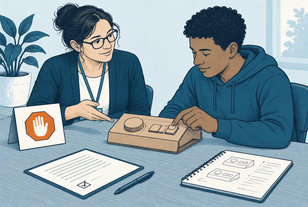 An observer guides a participant through a low-risk cardboard interface mockup at a supervised table, a clear stop card, consent sheet and observation notebook nearby.