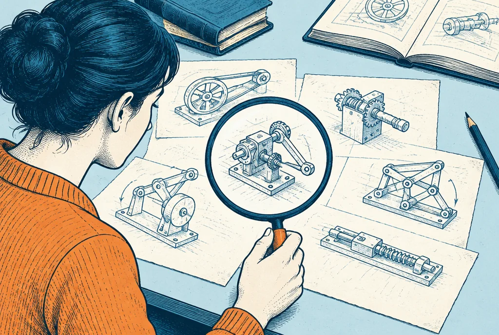 An inventor explores old technical drawings through a magnifying glass, with a simple mechanical function sketched in the center and several alternative mechanism drawings around it.