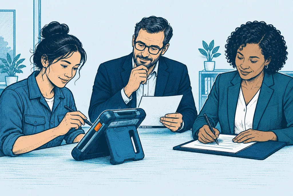 Three people in distinct roles around a new workplace tool: one uses it, one reviews the purchase, one signs the budget, connected by the physical tool rather than a generic org chart.