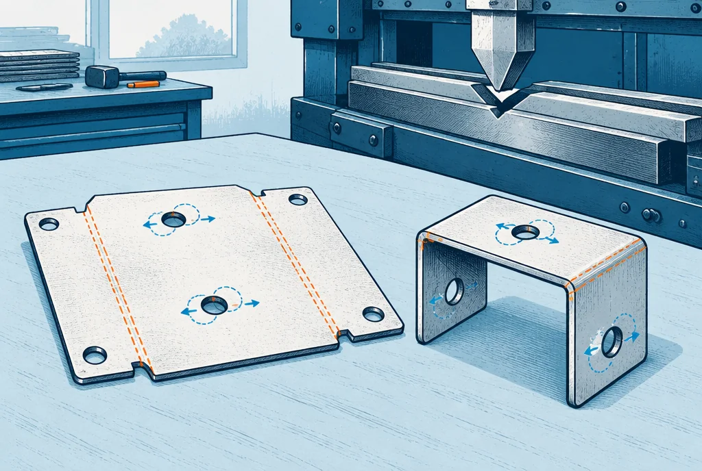An unfolded sheet-metal blank beside its bent U-shaped bracket, bend lines and hole clearances highlighted, a press-brake tool visible in the background.