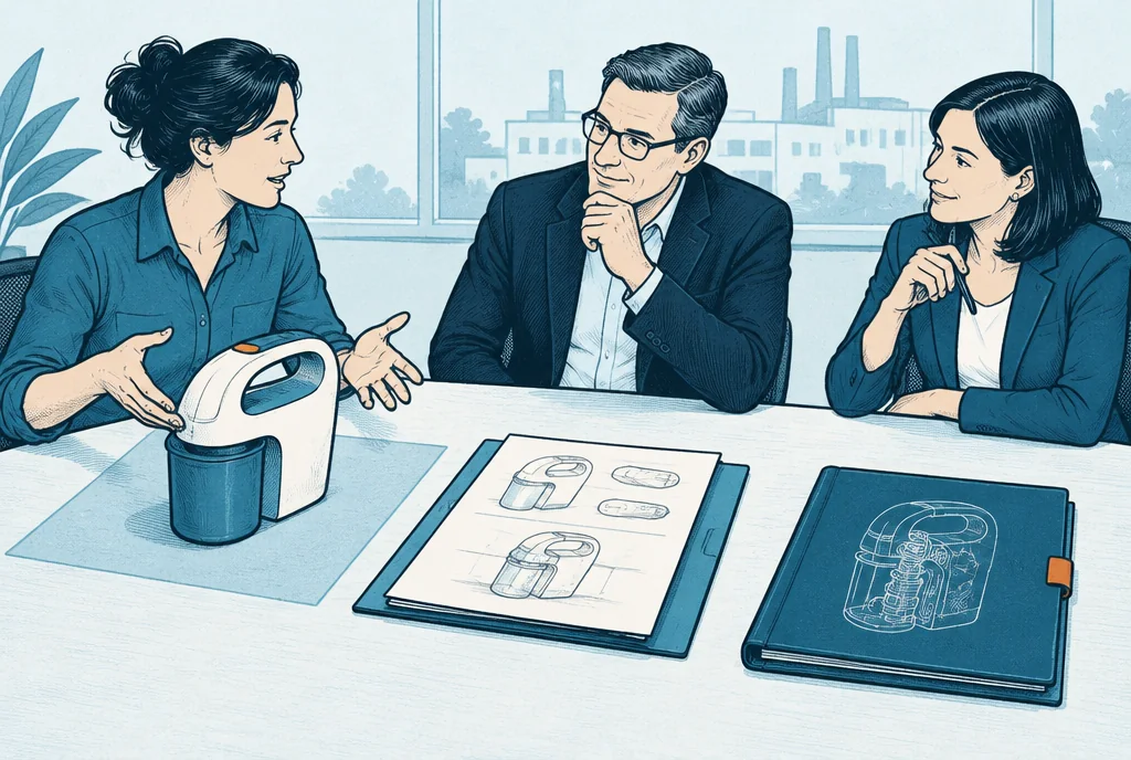 A manufacturer meeting table with an exterior product sample first, a partial drawing folder next and a closed detailed-mechanism folder last, staged sharing represented by separate work areas.