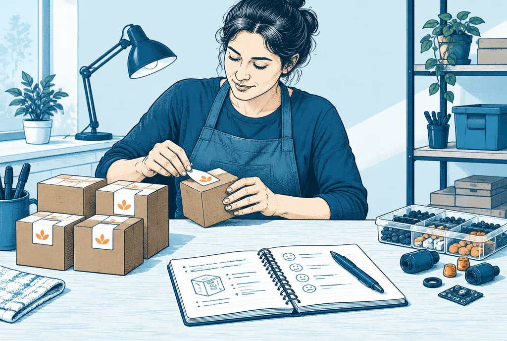 A maker labels a modest first batch of product boxes on a clean bench while a feedback notebook and spare components remain ready for learning from the first customers.