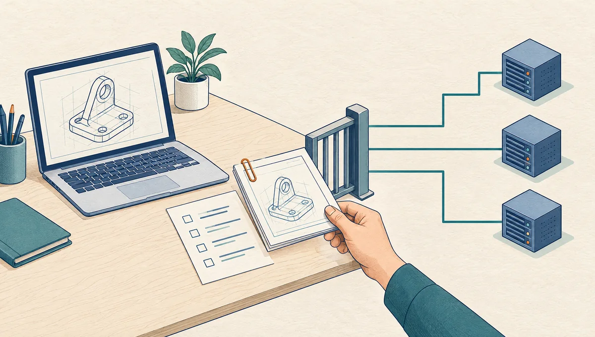 A selected drawing packet and review checklist beside a CAD laptop, with a gate separating the desk from three service providers.