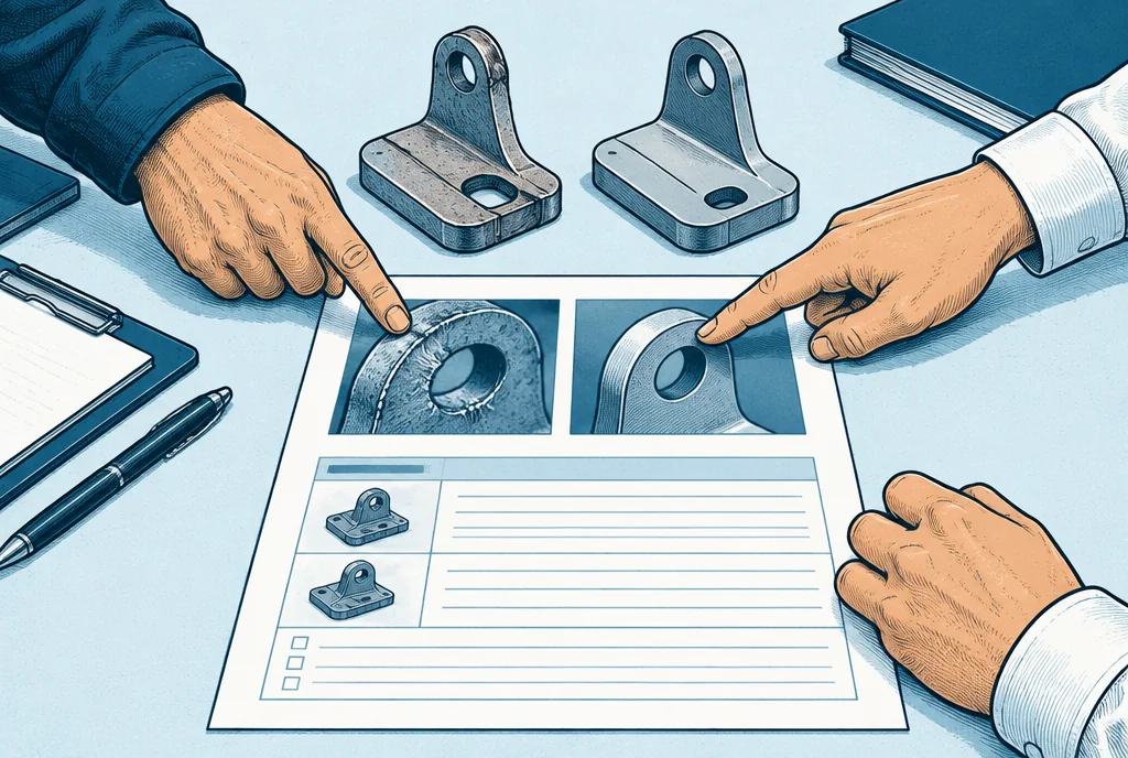 A defective supplied bracket and a conforming sample sit side by side with close-up photographs and a corrective-action worksheet, supplier and buyer hands point to the same evidence.