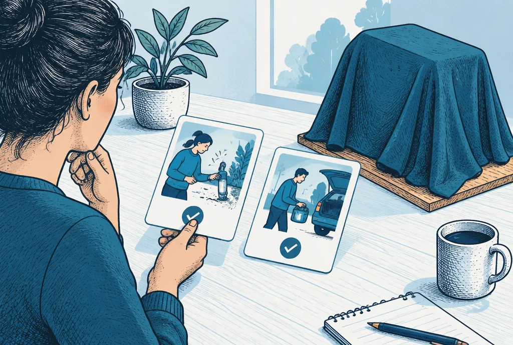 A user chooses between illustrated problem-solution cards while the inventor's detailed mechanism remains covered, focus on the practical benefit and observable demand.