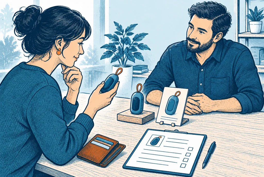 A potential buyer compares a prototype with a real purchase decision at a tabletop display, wallet and order sheet visible while the maker listens, no fabricated price numbers.