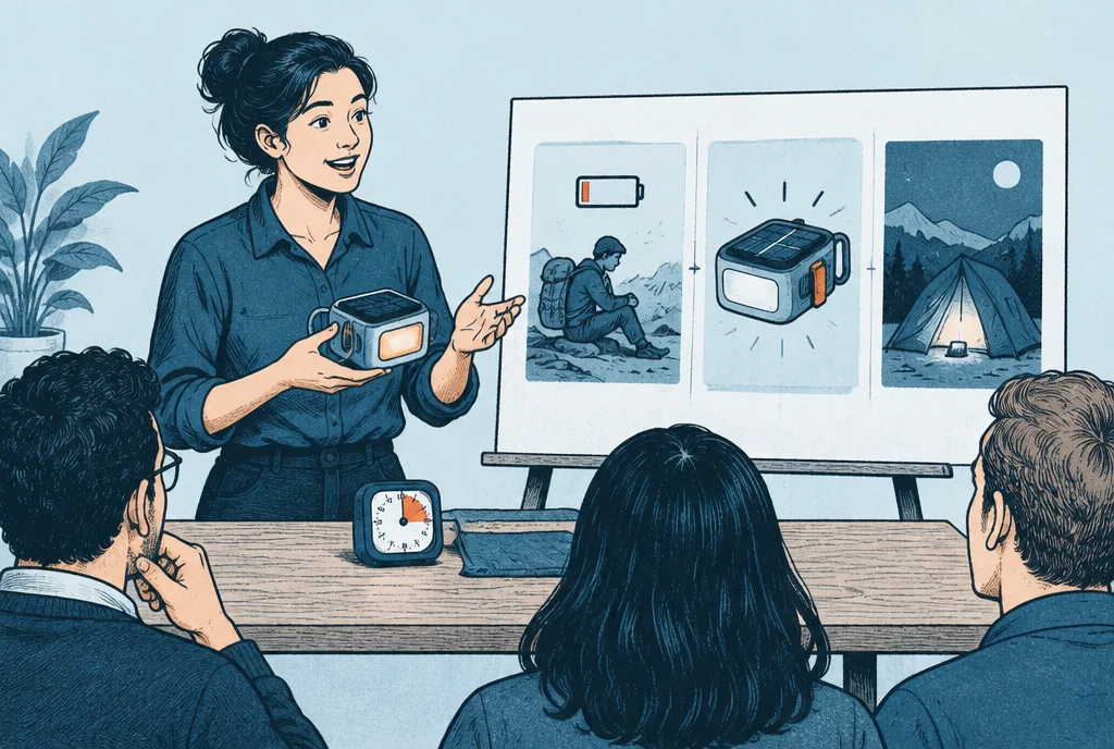 An inventor demonstrates one compact product to a small audience with a simple three-part visual board and a small timer, one clear problem and physical proof rather than crowded slides.