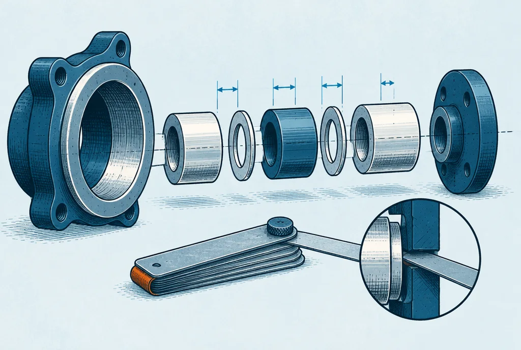 An exploded row of mating mechanical spacers and a housing, small cumulative dimensional gaps highlighted in blue, a final clearance gauge shows how the stack affects fit.