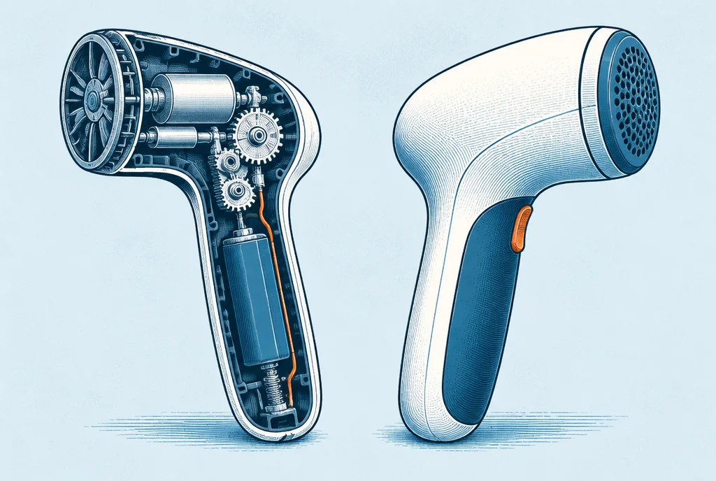 The same handheld object appears as a cutaway mechanism on one side and an elegant exterior silhouette on the other, contrasting how it works and how it looks.