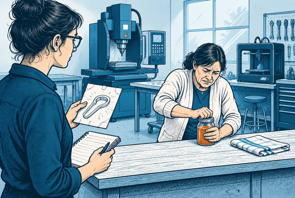 An inventor observes a user struggling with an everyday task, holding a rough paper mockup and notebook while expensive workshop machinery remains unused in the background.